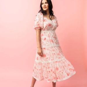 Puff Sleeve Tiered Chiffon Midi Dress - Pink Floral